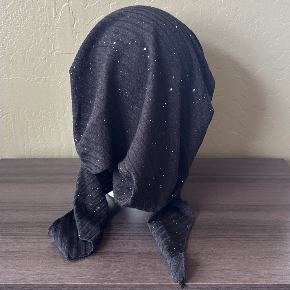 Black with Silver Sparkle Pre-tied Head Scarf Stretchy Ribbed Fabric NWOT - Picture 6 of 9